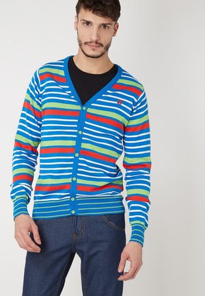 Hombre con un cárdigan de botones de rayas azules, verdes, rojas y blancas sobre una camisa negra y vaqueros azules, de pie frente a un fondo liso.