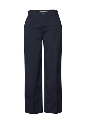 Navyblauwe katoenen broeken met een rechte pijp, details van voorzakken, een knoopsluiting en riemlussen. Duurzaam materiaal met een soepele textuur.