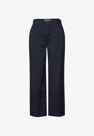 Pantaloni di cotone blu navy con gamba dritta, dettagli delle tasche frontali, chiusura con bottone e passanti per cintura. Tessuto resistente con una texture liscia.