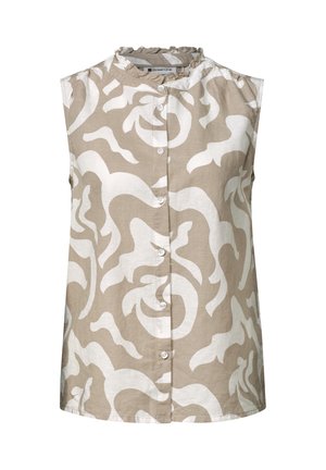 Blouse sans manches beige et blanche avec motif abstrait en spirale, boutonnage sur le devant et petit col à volants.