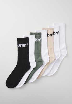 Conjunto de seis pares de calcetines de caña en canalé en negro, blanco, verde y beige, con el nombre de la marca "Urbn" en letras blancas contrastantes.