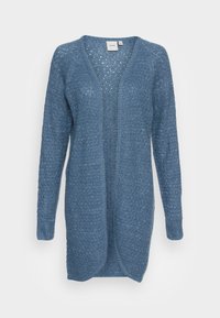 Cardigan de punto azul con apertura frontal, mangas largas, patrón de punto texturizado y puños acanalados. Material ligero y transpirable.