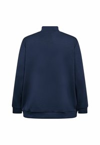 Sudadera deportiva navy con cuello alto, mangas largas y dobladillo elástico. Textura suave con un diseño simple y sólido.