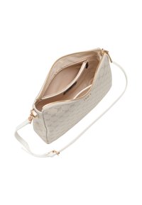 Light beige textured bag with a subtle leaf pattern. Features a gold zipper, interior compartments, and a detachable white strap.