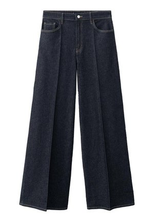 Temno moder kavbojke širokih hlačnic z visokim pasom, z zaponko na gumbe spredaj, stranskimi žepi in izrazitimi gubami vzdolž hlačnic.