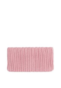 Bandeau en tricot rose avec une texture côtelée, présentant un design doux et flexible ainsi que des bords arrondis pour le confort et l'ajustement.