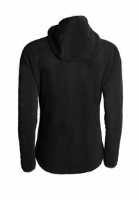 Svart fleece-hoodie med en mjuk textur, med rund huva och långa ärmar. Inga synliga logotyper eller hårdvarudetaljer.