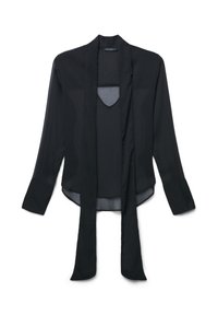 Schwarze, durchsichtige Bluse mit langen Ärmeln, Schalkragen, offener Vorderseite und seitlichen Schlitzen. Sie hat eine weiche Textur und einen leichten Stoff.