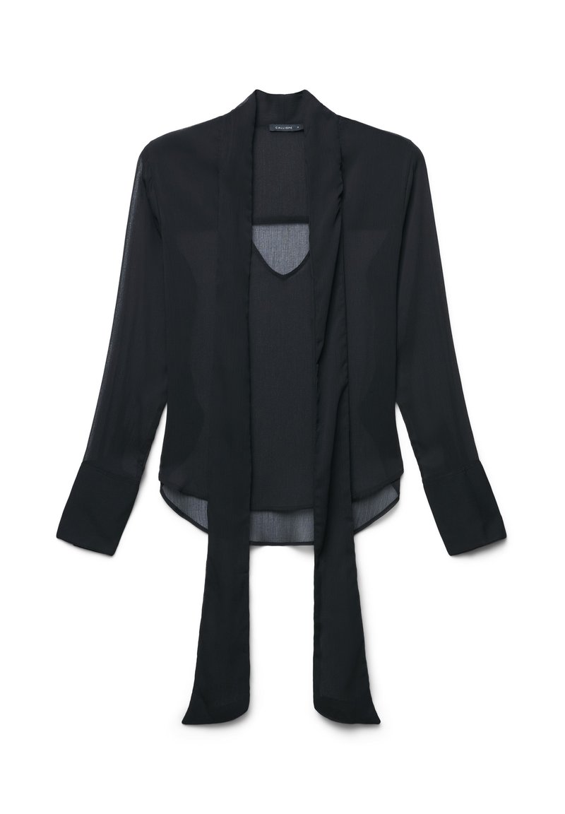 Schwarze, durchsichtige Bluse mit langen Ärmeln, Schalkragen, offener Vorderseite und seitlichen Schlitzen. Sie hat eine weiche Textur und einen leichten Stoff.