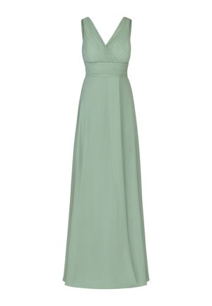 Long, mint green dress with a deep V-neck and pleated bodice. Made of lightweight fabric, features a fitted waist and flowing skirt.