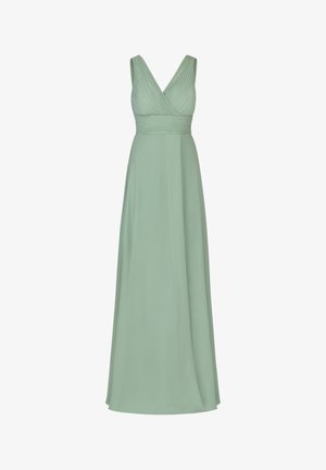 Robe longue vert menthe avec un décolleté en V profond et un corsage plissé. Fabriquée en tissu léger, elle présente une taille cintrée et une jupe fluide.