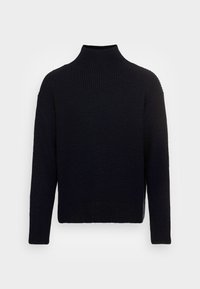 Sweter z golfem w ciemnym granacie, tekstura prążkowana, dopasowany krój. Posiada długie rękawy i boczne rozcięcia u dołu, co zapewnia swobodę ruchów.