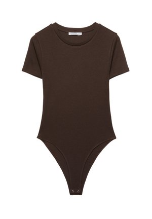 Body en coton marron à manches courtes avec un col rond et des boutons-pression en bas, présentant un design ajusté et une texture lisse.