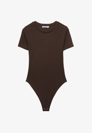 Hnědý bavlněný body s krátkým rukávem, kulatým výstřihem a patentkami v dolní části, s přiléhavým střihem a hladkou texturou.