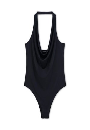 Maillot de bain noir à col halter avec un design drapé à l'avant et un dos dégagé. Fabriqué en matériau extensible, présentant une silhouette ajustée.