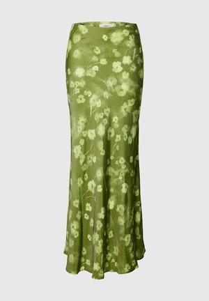 Zöld szatén hosszú szoknya világos sárga virágmintával és enyhe bővüléssel az alján, a derékrészen "Selected" feliratú címkével.