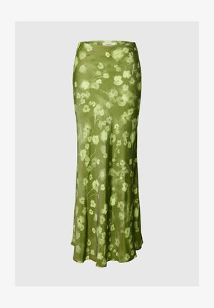 Zöld szatén hosszú szoknya világos sárga virágmintával és enyhe bővüléssel az alján, a derékrészen "Selected" feliratú címkével.