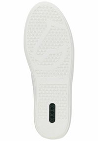Semelle de chaussure en caoutchouc blanche avec un motif en nid d'abeille et le logo de la marque. Forme arrondie avec des éléments de grip texturés pour une meilleure traction.
