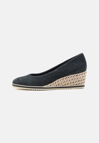 Dark blue suede wedge shoe with a braided jute accent on the heel, featuring a rounded toe and a textured sole for grip.