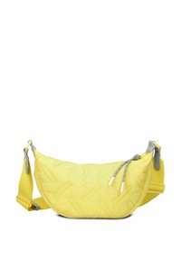 Borsa a tracolla trapuntata gialla con dettagli grigi, caratterizzata da una forma curvata, una cintura regolabile e una chiusura con zip. Superficie testurizzata con motivi.