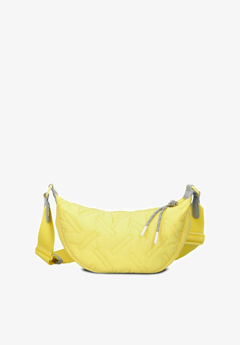 Borsa a tracolla trapuntata gialla con dettagli grigi, caratterizzata da una forma curvata, una cintura regolabile e una chiusura con zip. Superficie testurizzata con motivi.