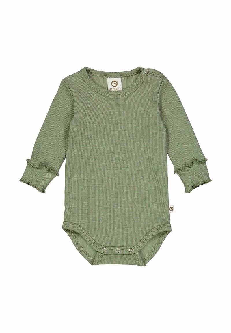 Body per neonato a maniche lunghe in cotone a coste di colore verde chiaro, con polsini arricciati e chiusura a pressione sul fondo. Materiale: tessuto morbido e elastico.