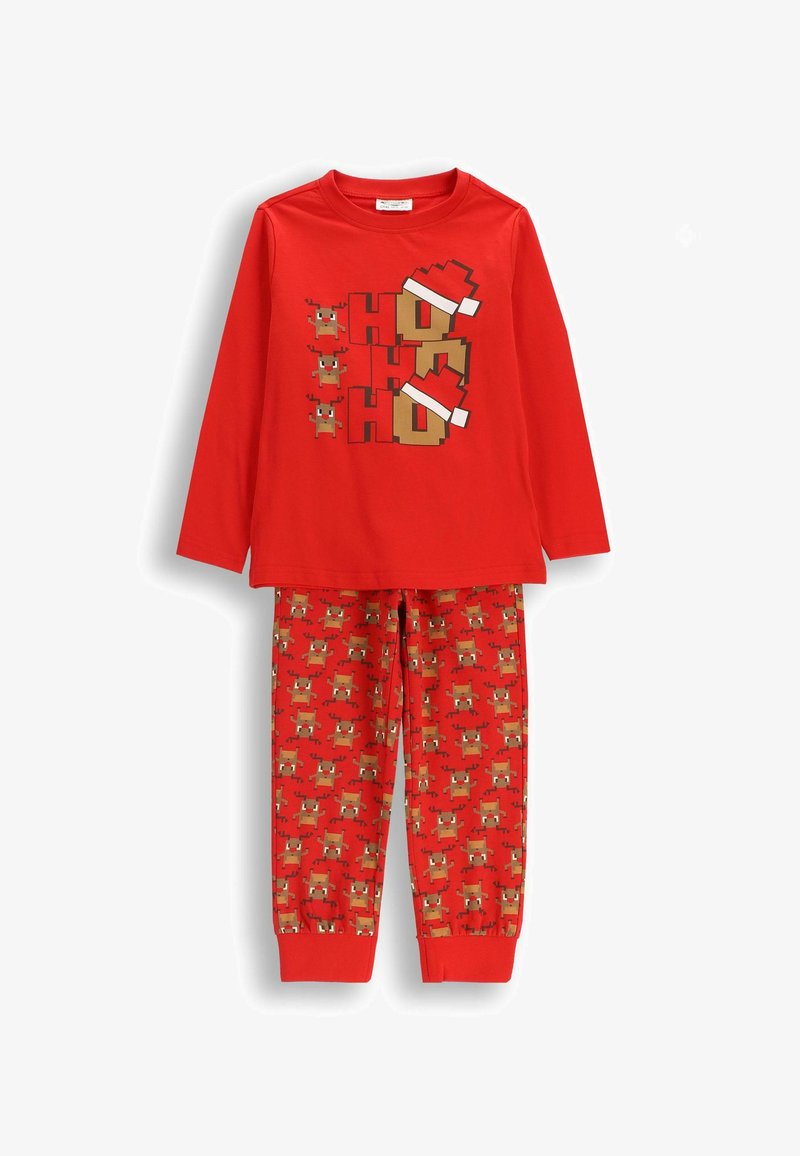 Czerwony długi rękaw piżamowy z nadrukiem „HO HO HO” i grafikami reniferów; pasujące czerwone spodnie z powtarzającym się wzorem reniferów i elastycznymi mankietami.