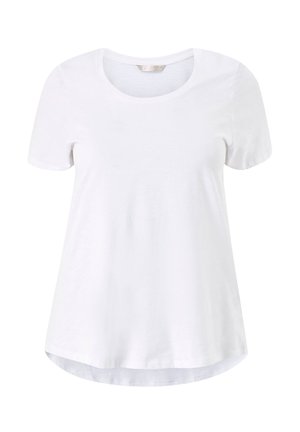 Korte mouwen witte T-shirt van zachte katoen, ronde halslijn, iets gebogen zoom, gladde textuur, geen zichtbare patronen of accenten.