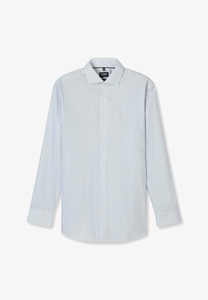 Heren blouse met lange mouwen, lichtblauwe en witte dunne verticale strepen, knoopsluiting aan de voorkant en klassieke kraag.