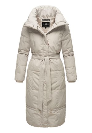 Light beige puffer coat with a cinched waist, high collar, zip and button closure, and quilted pattern. Features long sleeves and side pockets.