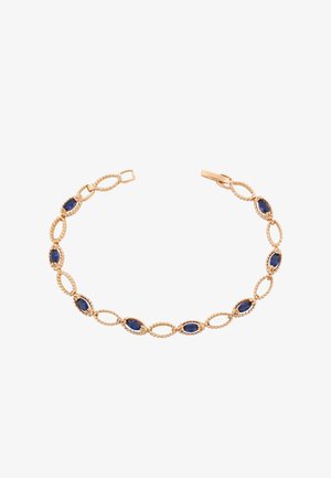 Bracciale in oro con anelli ovali e gemme blu, dettagli testurizzati tra le pietre e chiusura a scatto sicura.