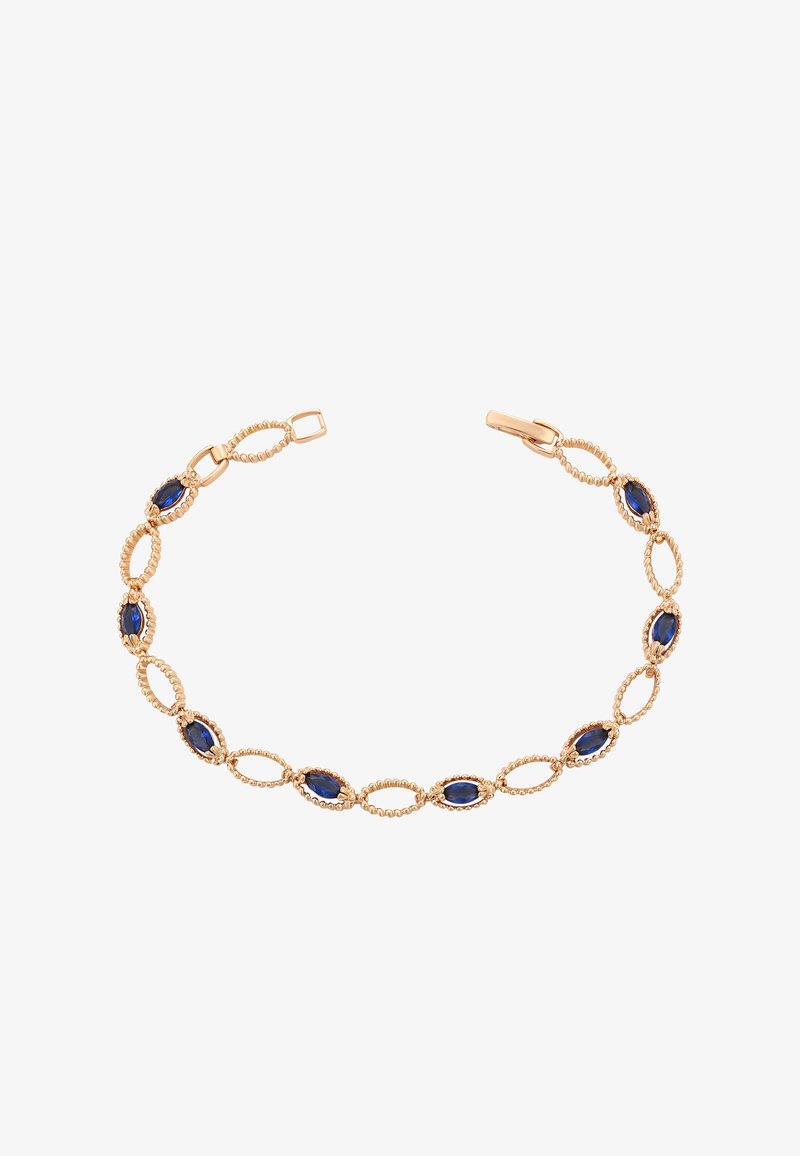 Arany karkötő ovális láncszemekkel, kék drágakövekkel, texturált díszítéssel a köveken között és biztos zárómechanizmussal.