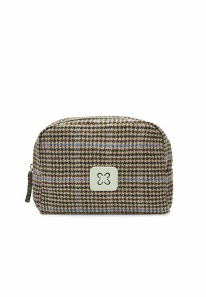 Petite pochette zippée avec un motif pied-de-poule marron et bleu et un écusson logo carré blanc au centre avant.