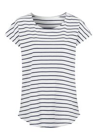 Valkoinen lyhythihainen t-paita, jossa on tummansiniset vaakaraitaiset, pyöreä kaula-aukko ja kaareva helma. Pehmeä kangas, jossa on rento istuvuus.