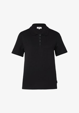 Czarna koszulka polo z krótkim rękawem, kołnierzykiem i czterema guzikami z przodu, przedstawiona na jednolitym białym tle.