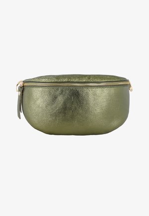 Metallic olivenfarvet lædertaljebælte med guldlynlås og lille trækflap, rund rektangulær form på hvid baggrund.