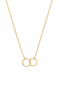 Collana d'oro con una delicata catena e due anelli: uno liscio e uno intrecciato, entrambi posizionati vicino al centro.