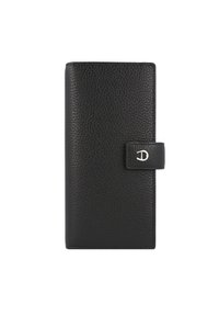 Schwarzes Lederportemonnaie mit einer Kiesel-Textur, rechteckiger Form, silbernem Verschlussdetail und glatter Innenauskleidung. Kompaktes und sicheres Design.