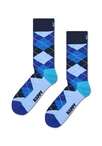 Ponožky s modrým argyle vzorem a námořnickými žebrovanými manžetami. Obsahují odstíny modré, černé a bílé. Text "HAPPY" v černé barvě na podrážkách.