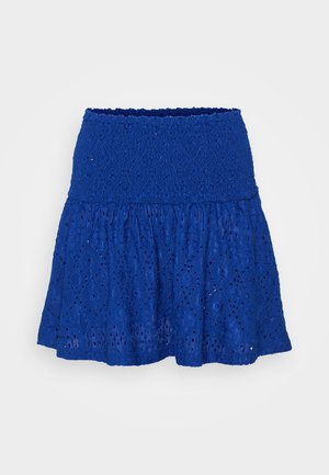 Kék csipke szoknya texturált, hímzett mintával és bővülő sziluettel, elasztikus derékkal.