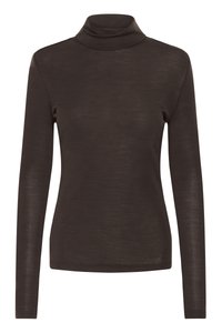 Smeđi dugi rukav turtleneck majica s uskim krojem, od laganog, malo prozirnog materijala.