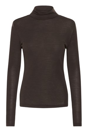 Brown long-sleeve turtleneck shirt with a slim fit, made of lightweight, slightly sheer fabric.