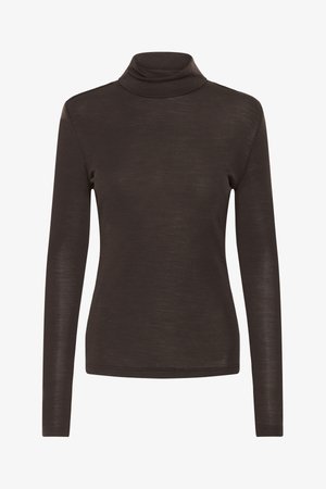 Brun langermet turtleneck skjorte med slim fit, laget av lett, noe gjennomsiktig stoff.
