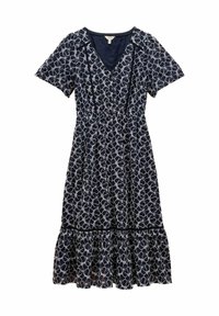 Dunkelblaues Kleid mit weißem Blumenmuster, V-Ausschnitt, kurzen Ärmeln, gerüschtem Taillenband und schwingendem Saum. Hergestellt aus leichtem Stoff.
