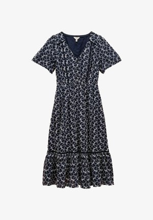 Granatowa sukienka w biały kwiatowy wzór, dekolt w serek, krótkie rękawy, marszczona talia i rozkloszowany, falbaniasty dół. Wykonana z lekkiego materiału.