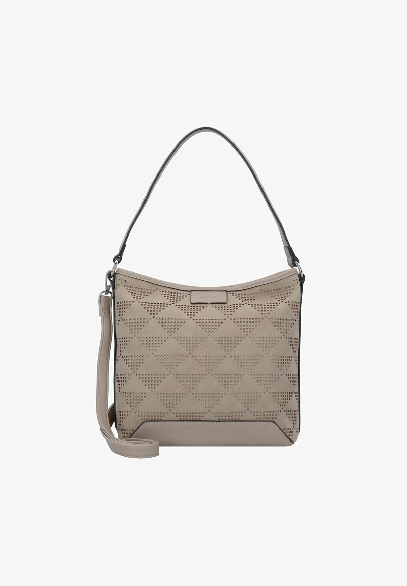 Sac à épaule beige avec un design géométrique perforé, doté d'un dessus plat, d'une longue sangle ajustable et d'une texture lisse.
