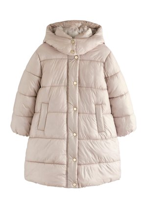Lyse beige lang dunfrakke med stor hætte, trykknapper foran, vandret quilting og to sidelommer.