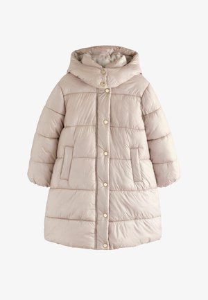Lyse beige lang dunfrakke med stor hætte, trykknapper foran, vandret quilting og to sidelommer.