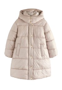 Bleknad rosa pufferjacka med huva, med ett kviltat mönster, tryckknappar och sidofickor. Mjuk textur och medellång längd.
