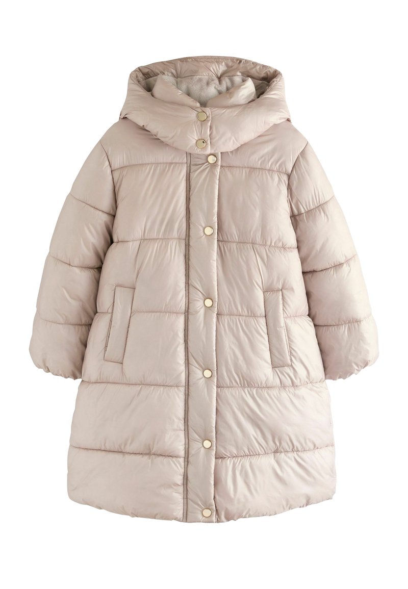 Bleknad rosa pufferjacka med huva, med ett kviltat mönster, tryckknappar och sidofickor. Mjuk textur och medellång längd.